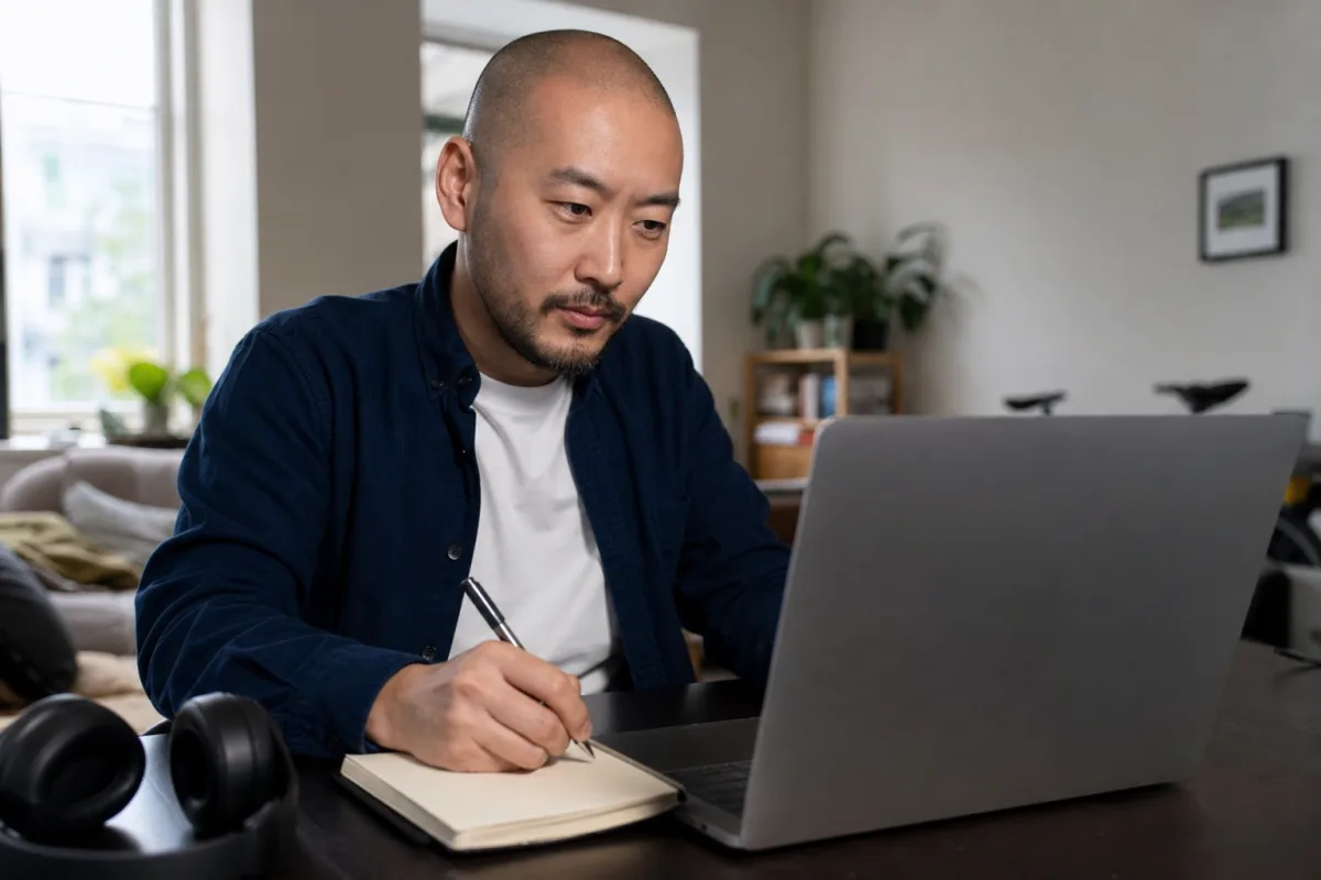 A home worker listening to practical feedback during a video call
