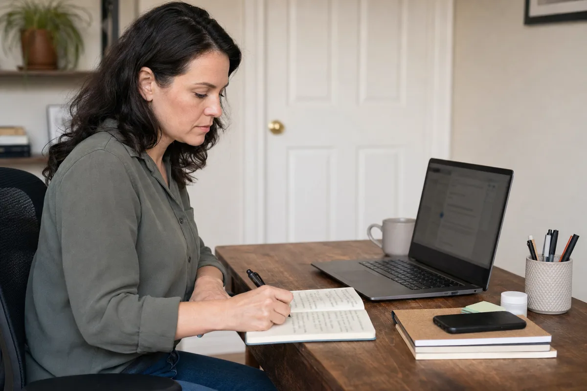 A home worker calmly documenting workplace concerns in a private notebook