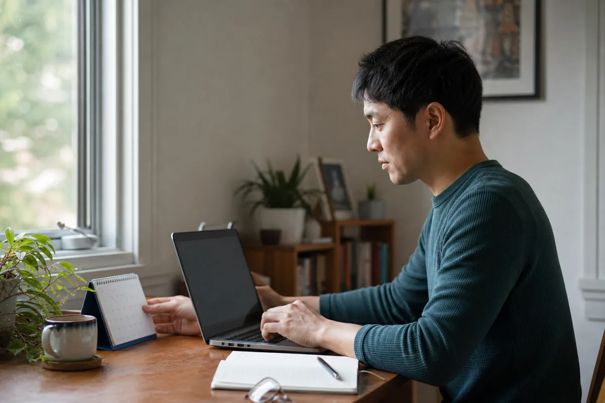 A remote job applicant drafting a follow-up message beside a calendar