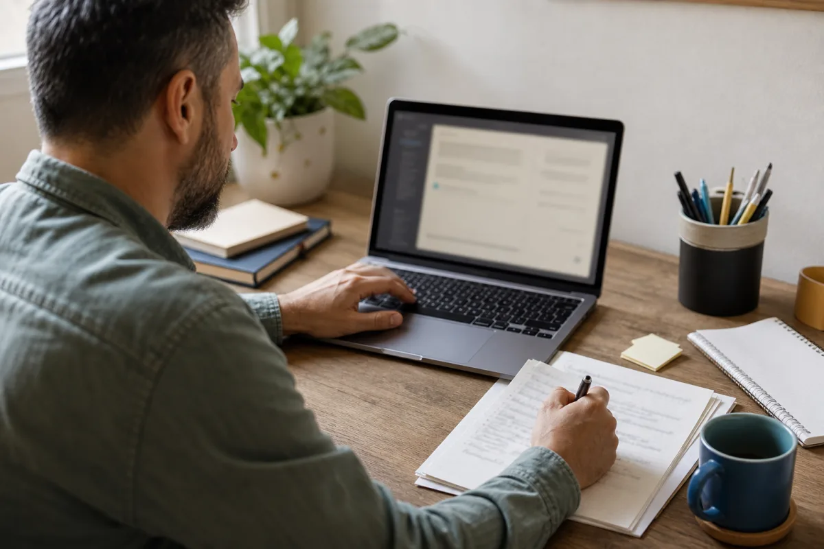 A job seeker cross-checking an AI-assisted draft against handwritten notes