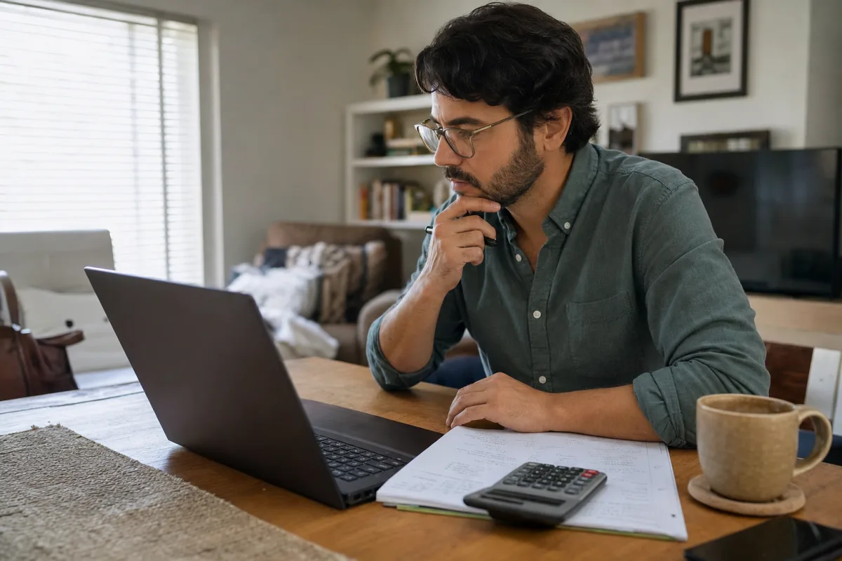 A remote job seeker reviewing compensation details with a calculator