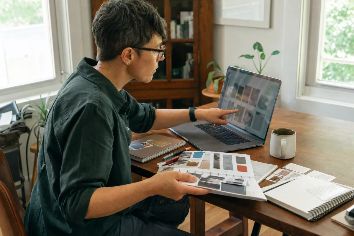 A remote worker matching past work samples with a digital portfolio