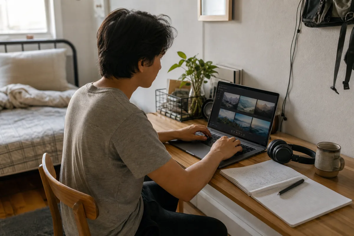 A young adult building a portfolio sample at a bedroom desk