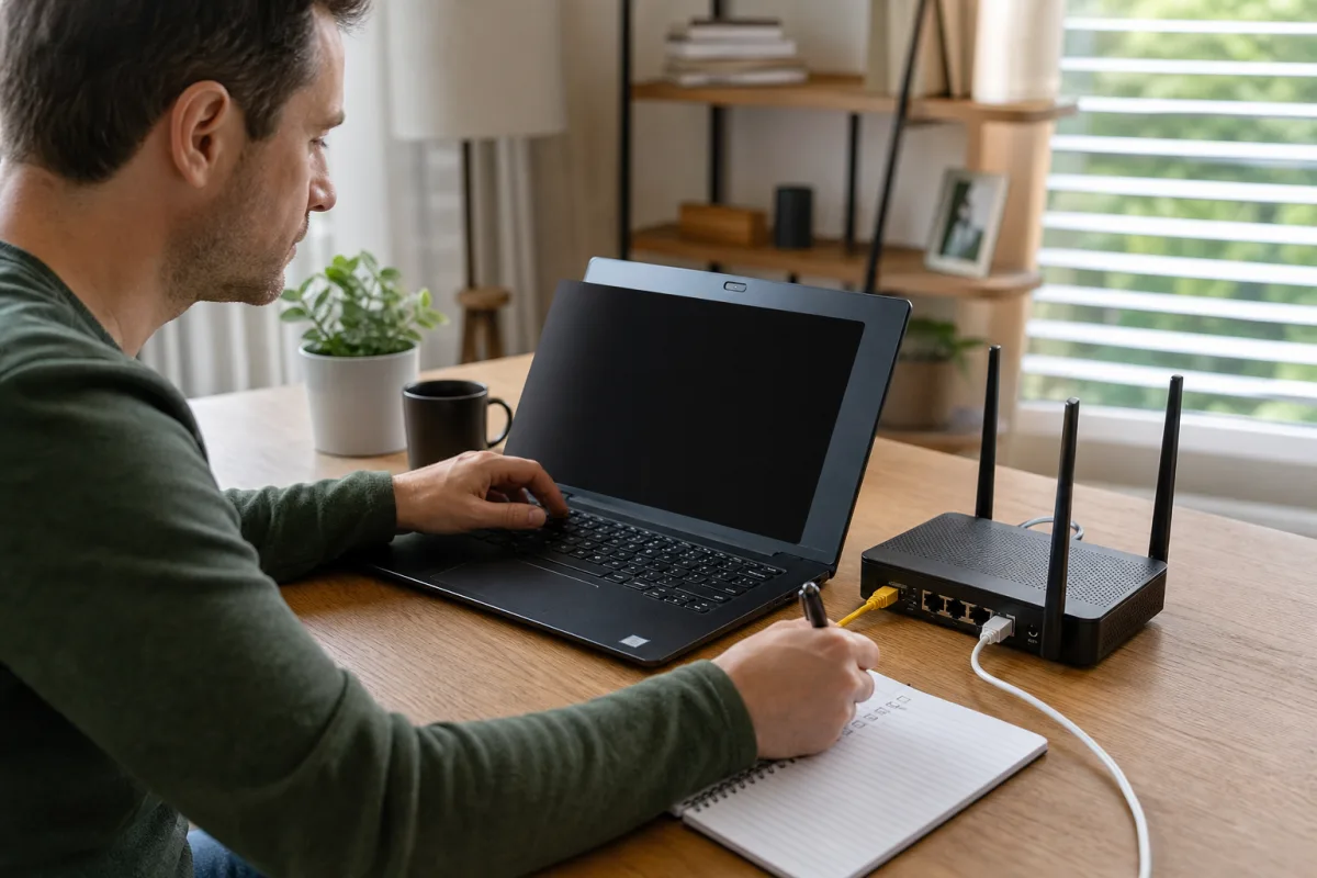 A home worker checking laptop security and router settings