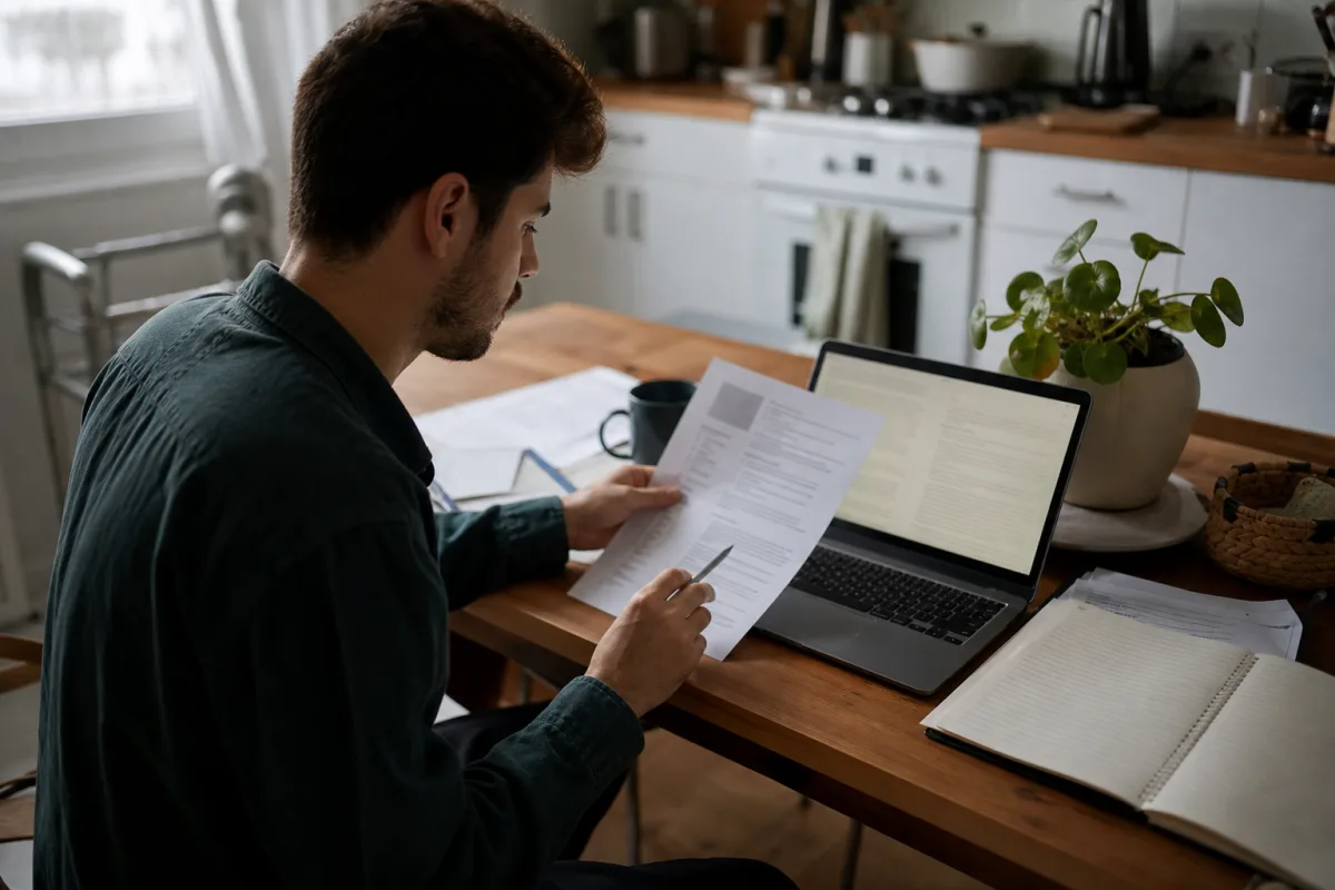 A job seeker comparing his printed resume with a job description at home