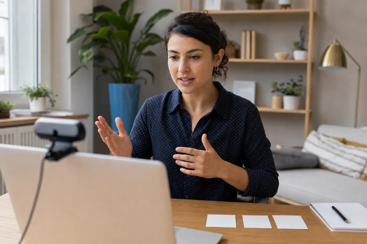 A woman rehearsing an interview introduction during a home video call